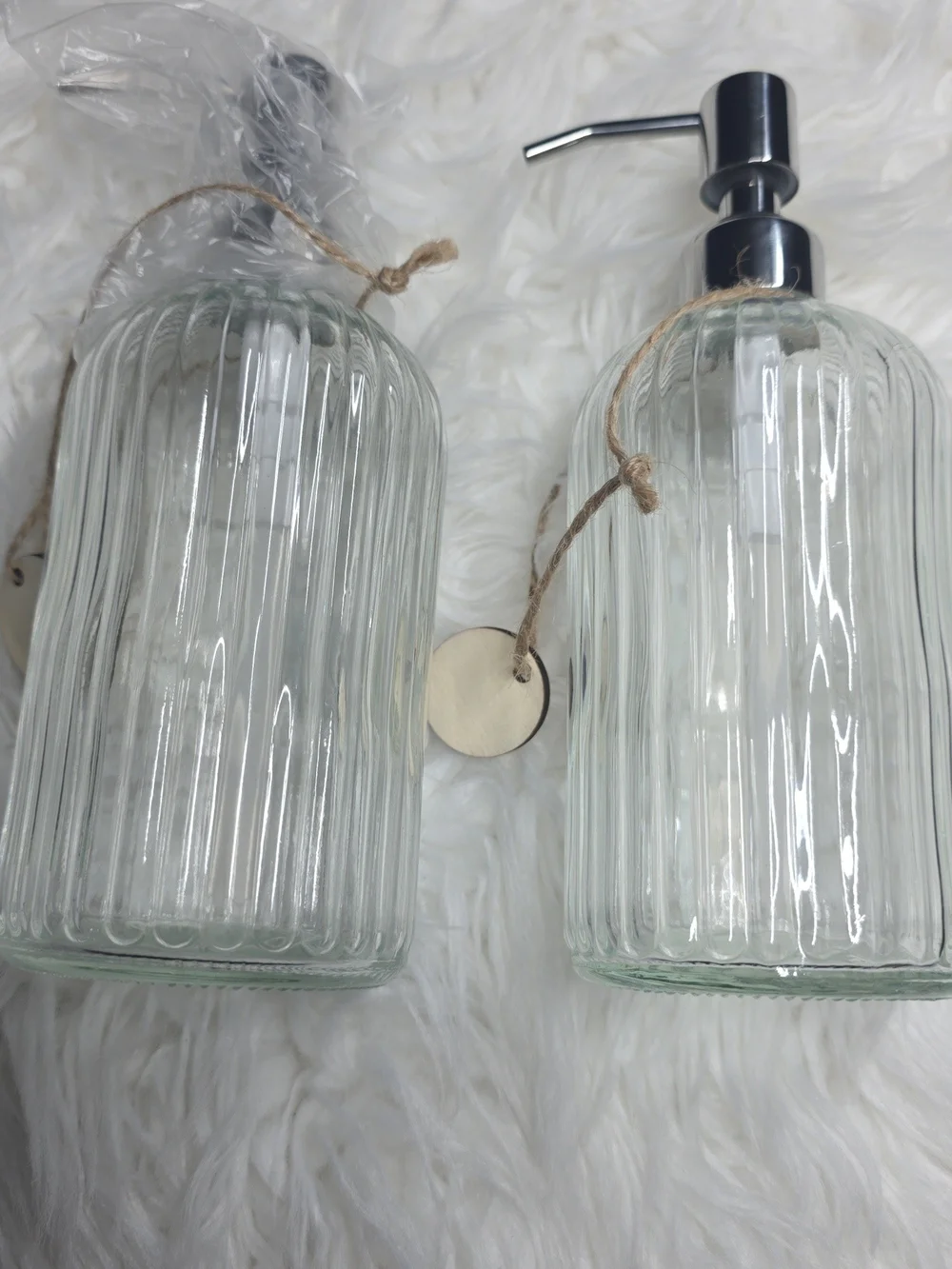 Clear Glass Ribbed Soap Dispenser with Silver Pump - Unbranded